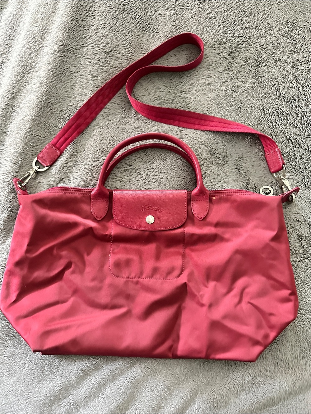 Longchamp Le Pliage Raspberry Nylon Tote with Shoulder Strap Silver Hardware